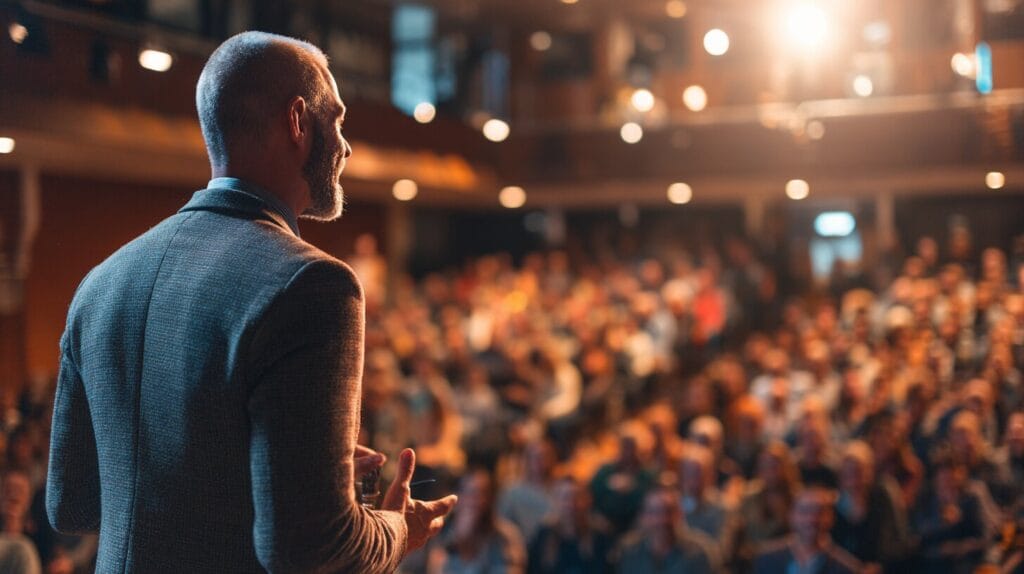 View from behind speaker presenting to large audience